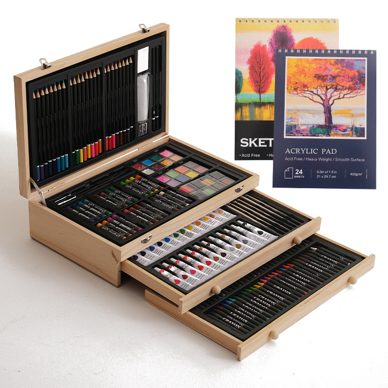 Artist Set Wooden Box Colored Pencils Paints Accessories Gift