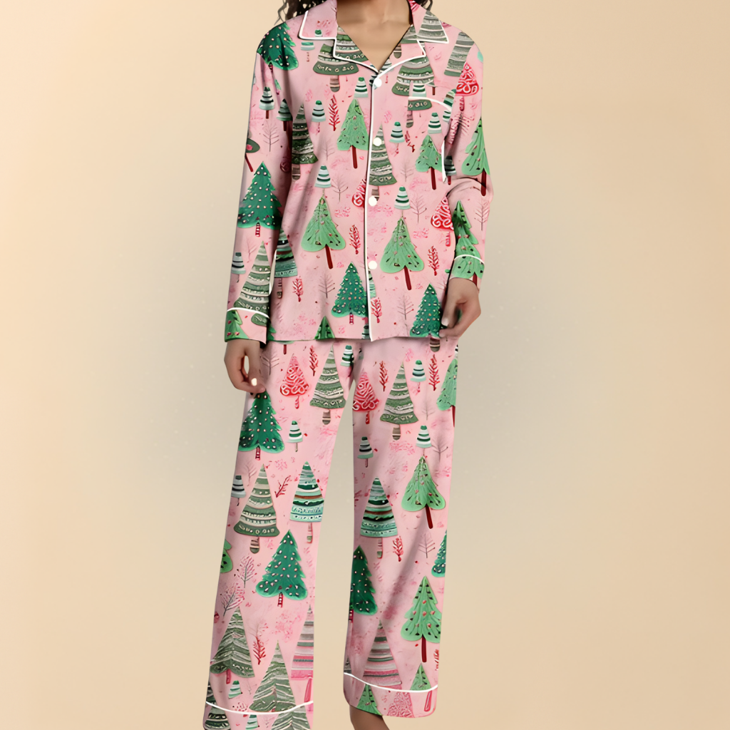 Damen Winter Pyjama Set Weihnachten Langarm Schlafanzug