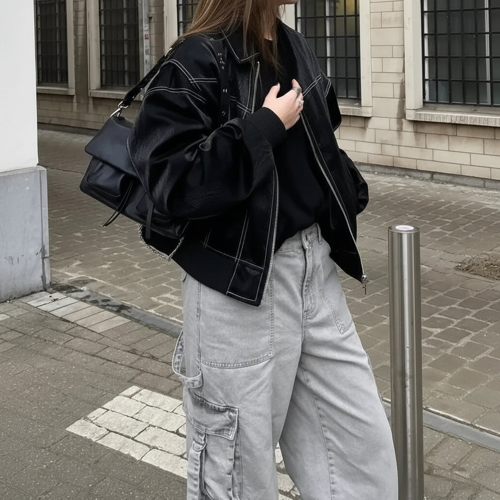Oversized Leren Jas - Stoer en Casual - Zwart - Ideaal voor Lente, Herfst en Winter - Image 5
