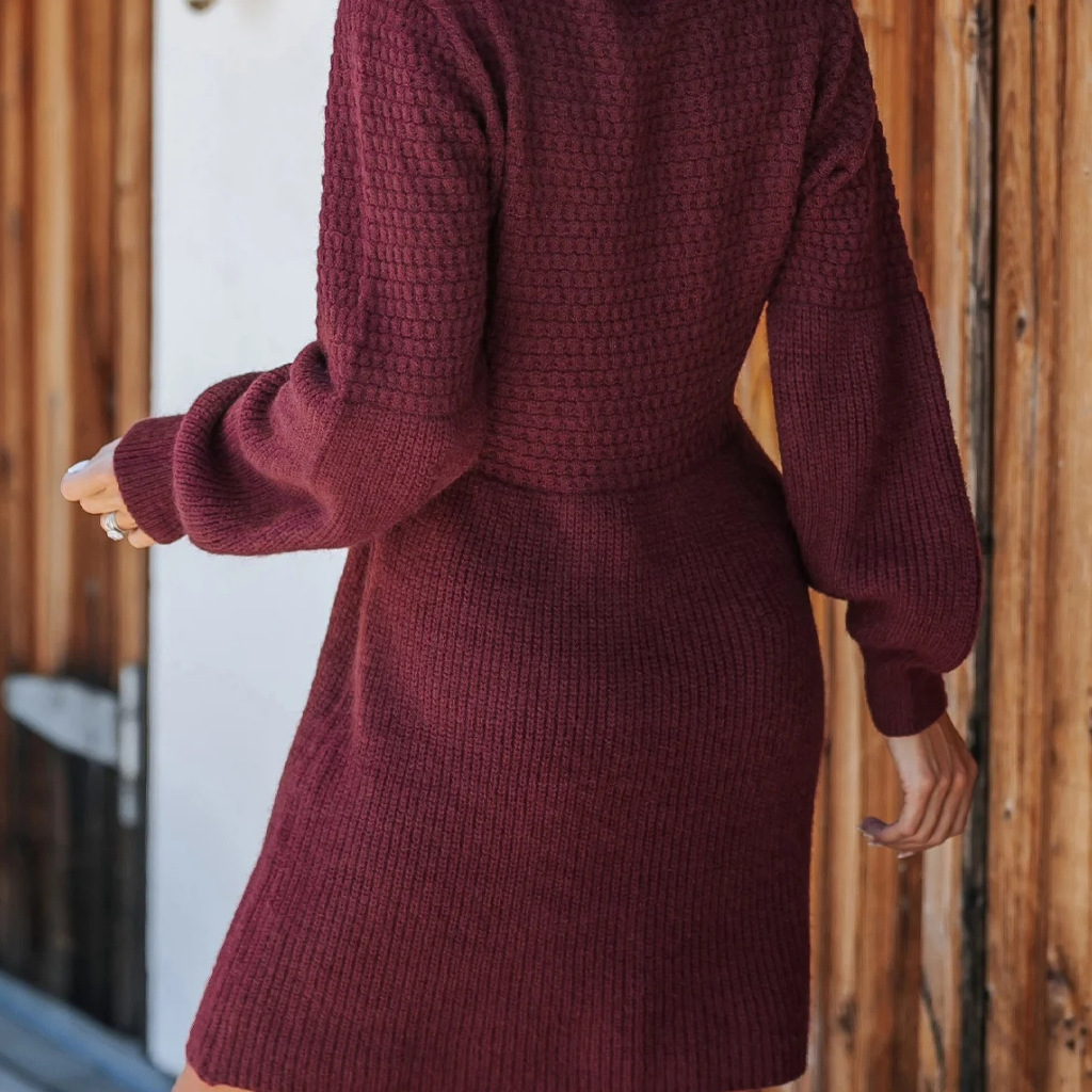 Women's Knit Winter Dress Elegant Long Sleeve Warm Midi