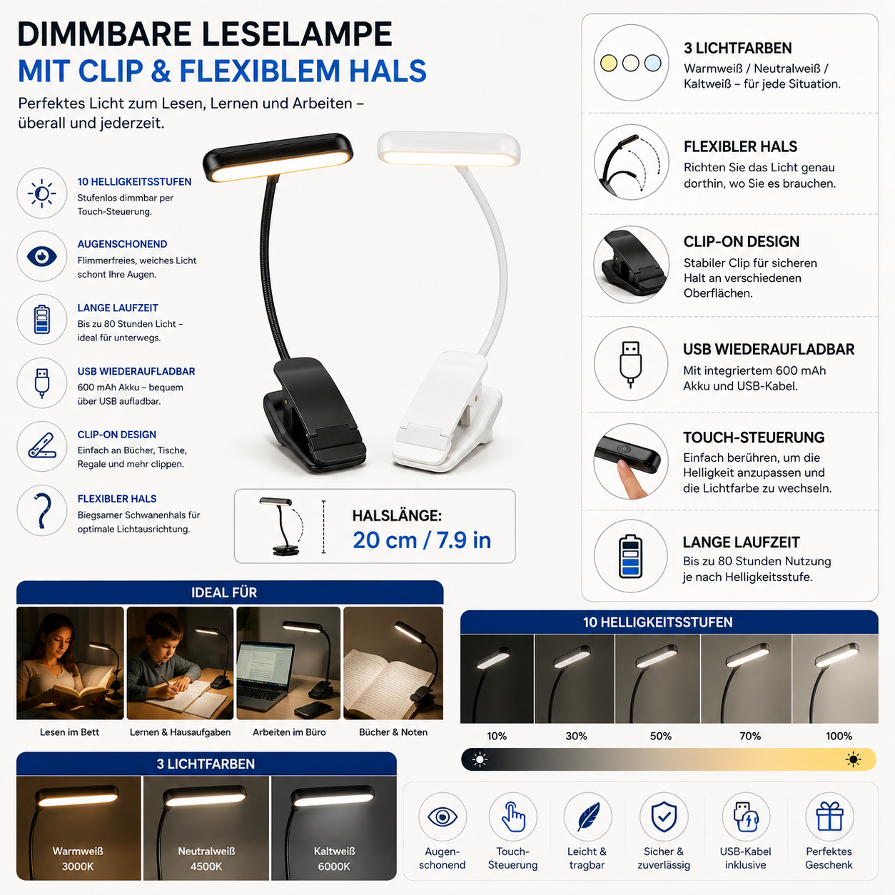 Dimmbare Leselampe Mit Clip Flexibler Hals Für Bett Schreibtisch