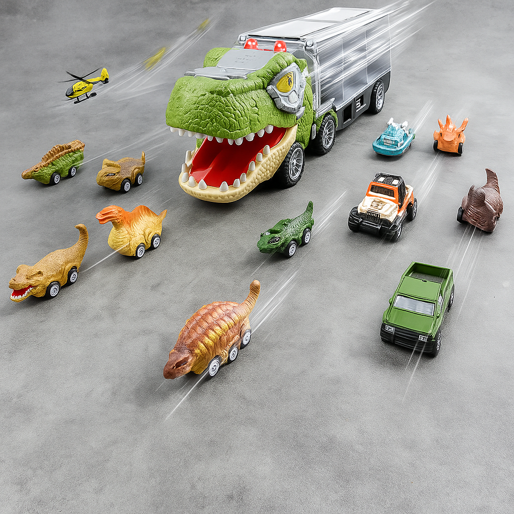 Dinosaurier Spielzeug LKW Transporter Set Autos Hubschrauber Geschenk