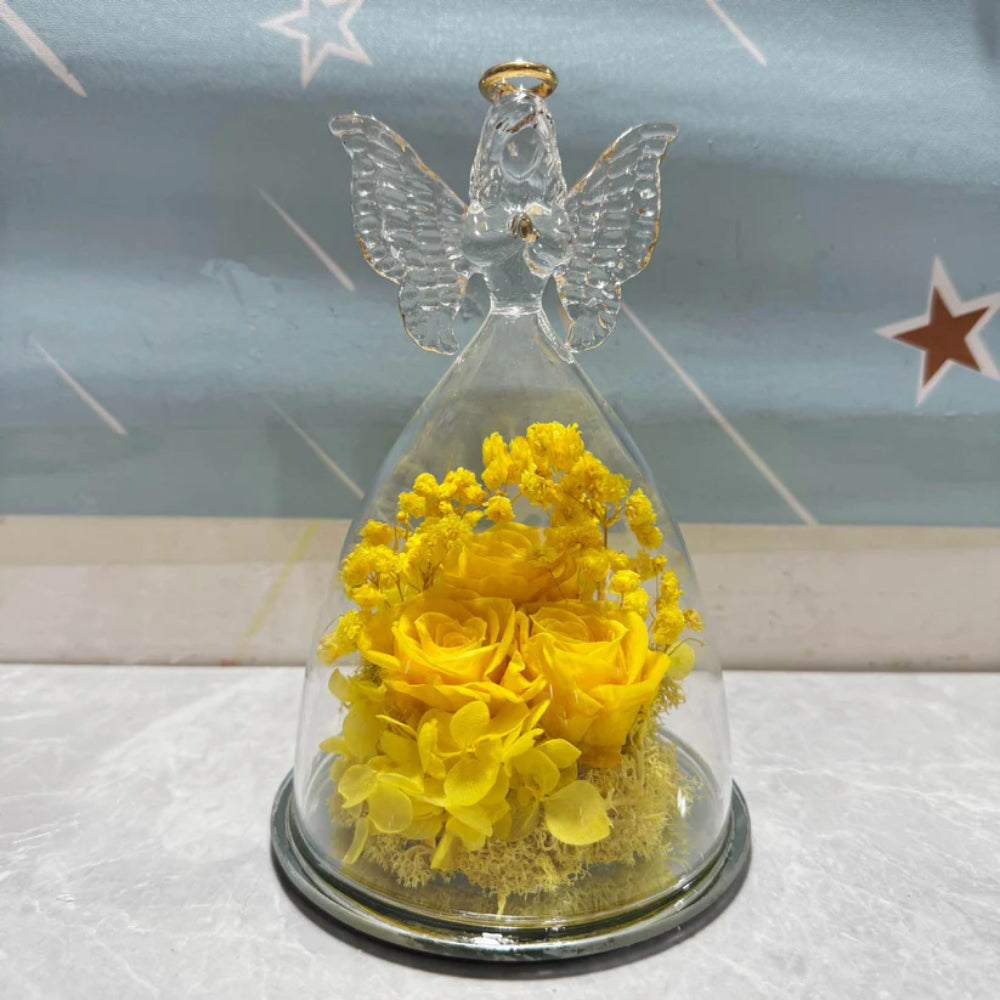 Angel Decorative Figurine Glass Dome Preserved Rose Gift Idea