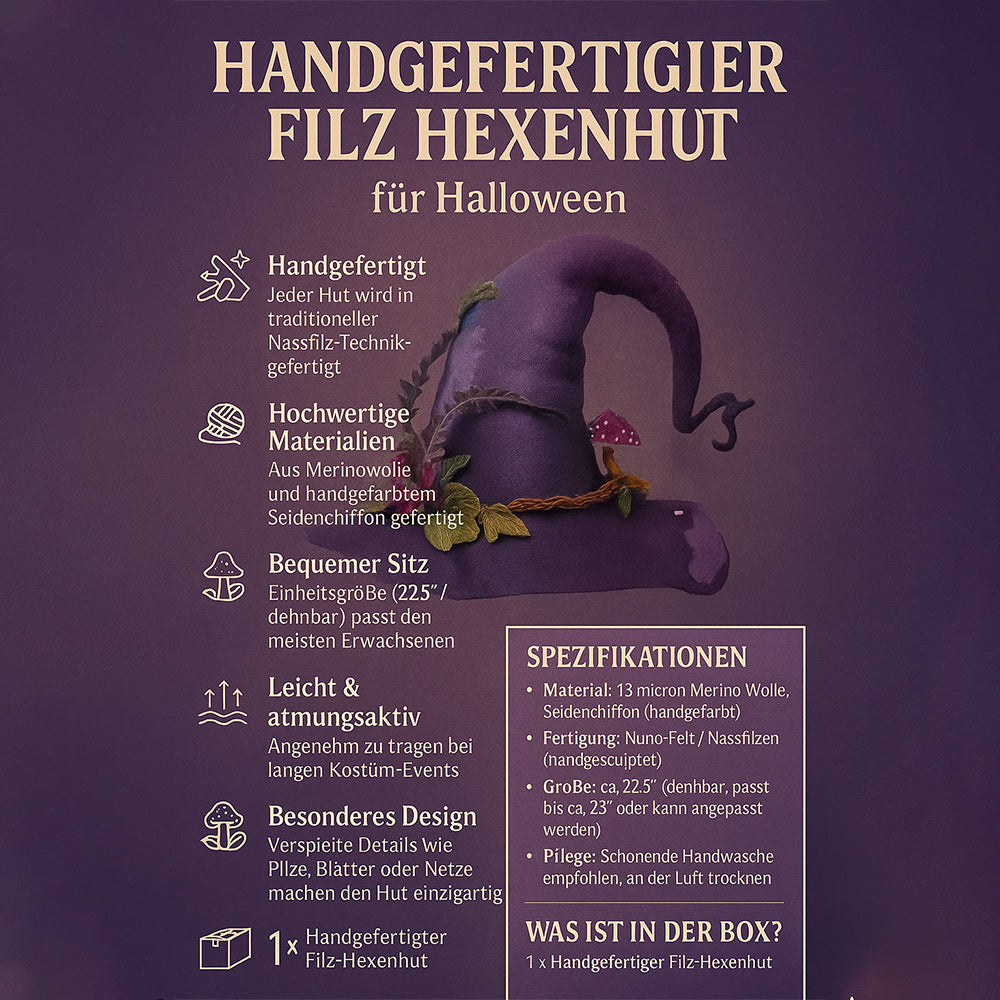Handgefertigter Filz Hexenhut