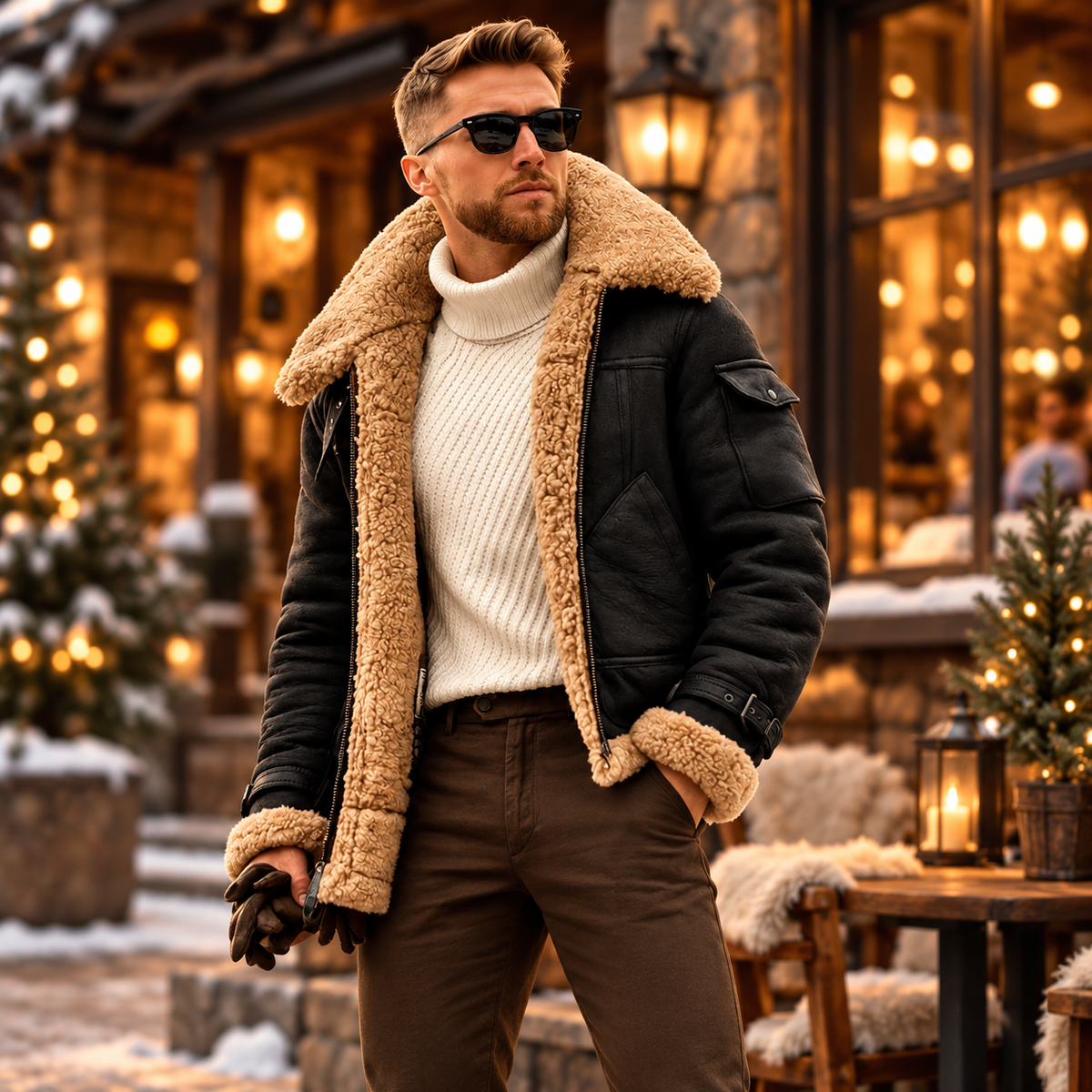 Herren Gefütterte Lammfelljacke Bomberjacke Stylische