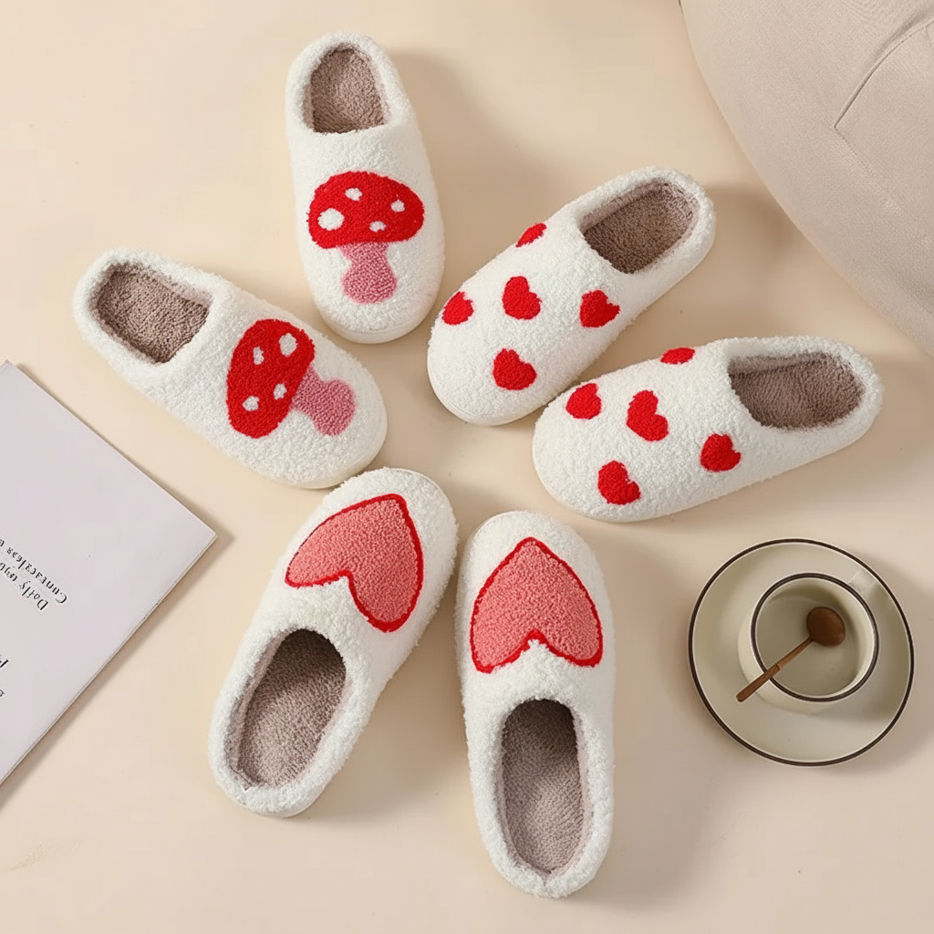 Fluffy Slippers Heart Mushroom Pattern Comfort Style Home