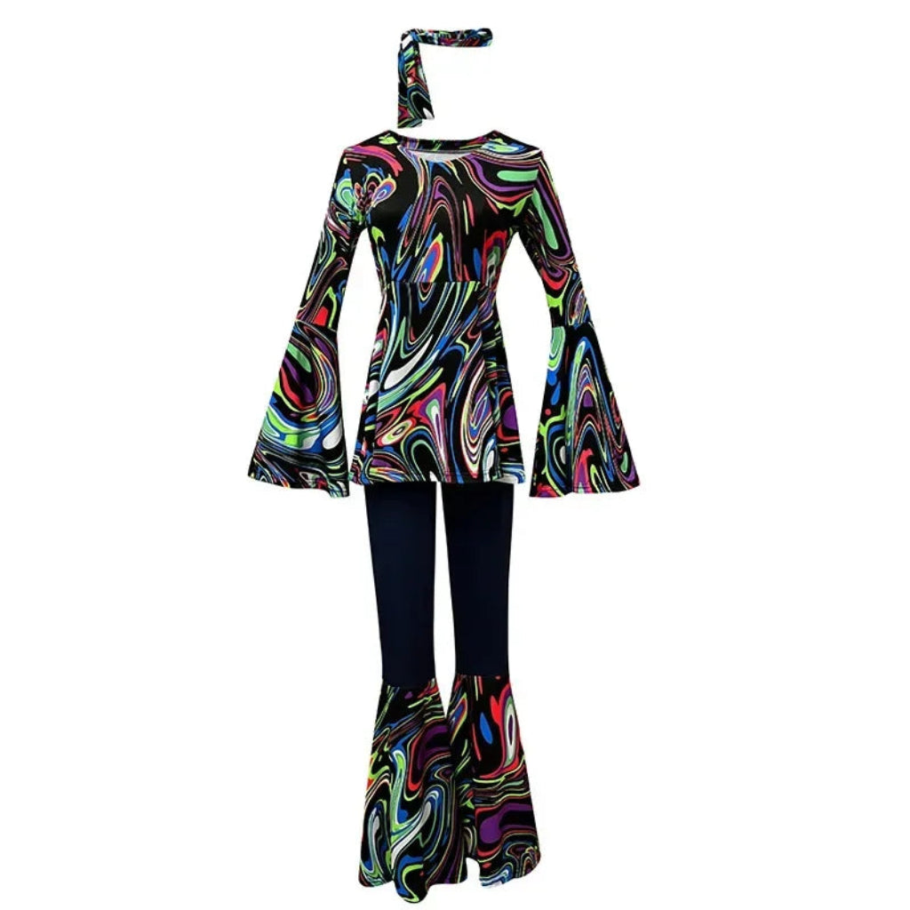 Costume Halloween Hippie Rétro Pantalon Évasé Femme Ensemble