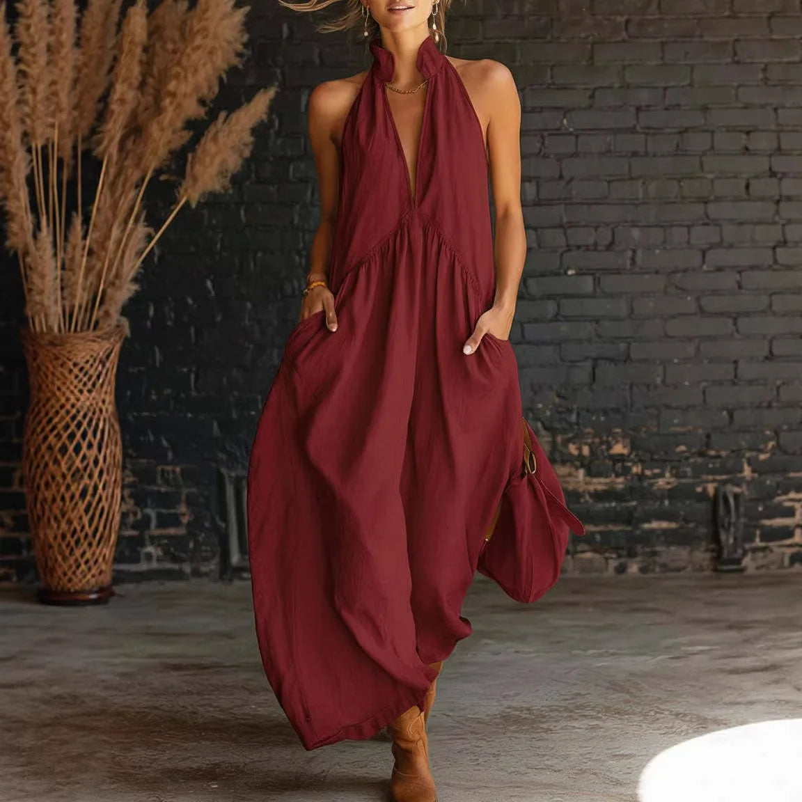 Vestido Mujer Midi Sin Mangas Escote Profundo Elegante