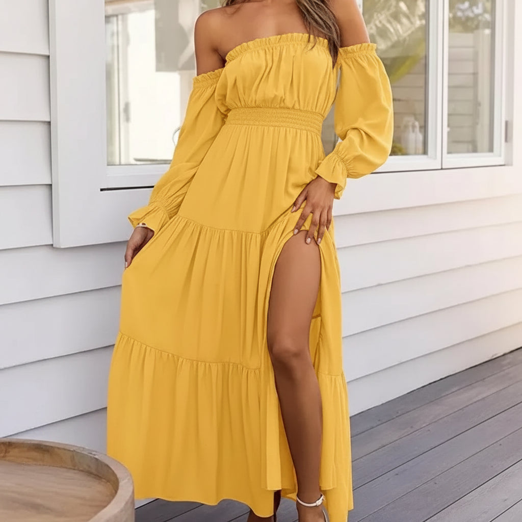 Vestido Verano Mujer Midi Hombros Descubiertos Manga Larga Volantes