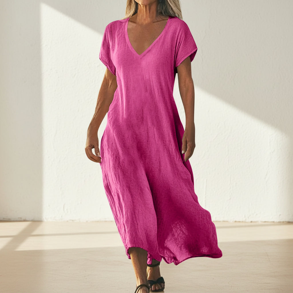 Vestido de verano para mujer con escote en V, manga corta, diseño sencillo
