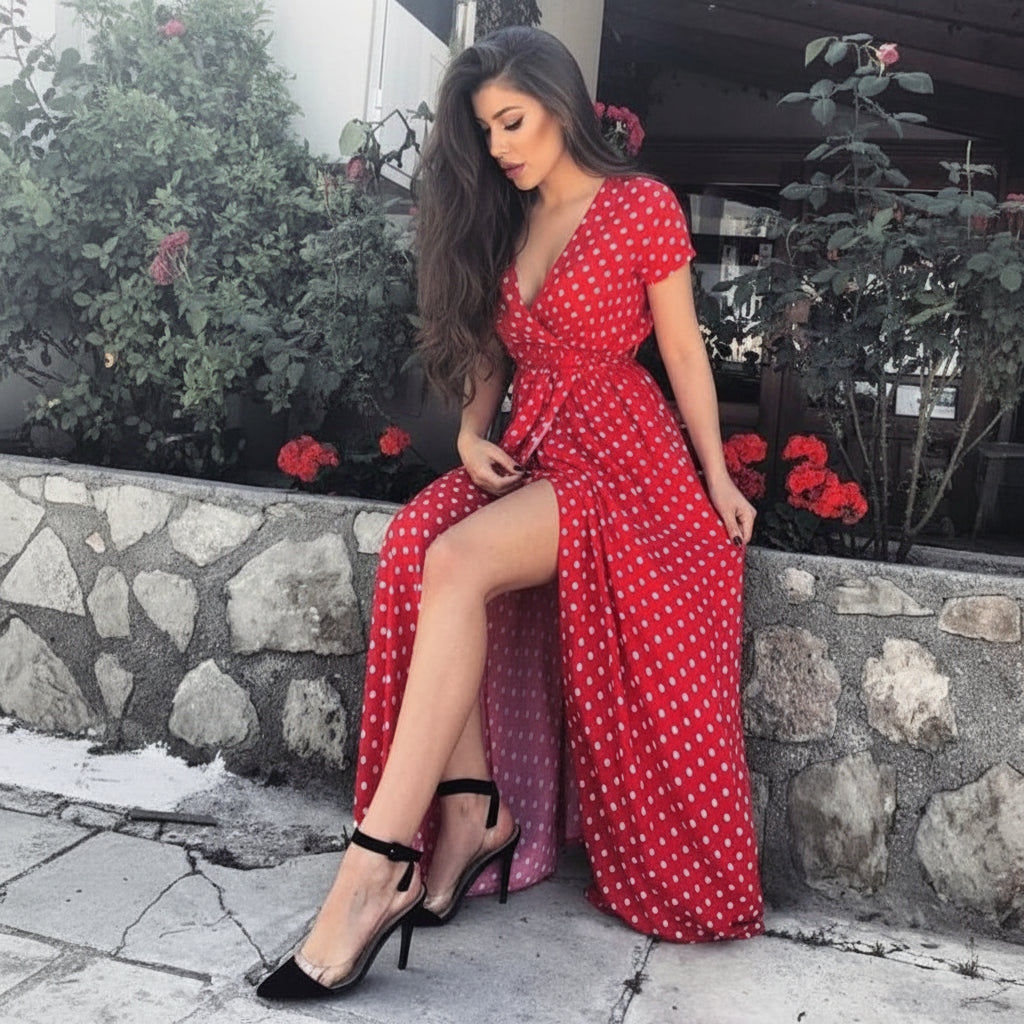 Women's Summer Dress V-Neck Short Sleeve Slit Design Dress