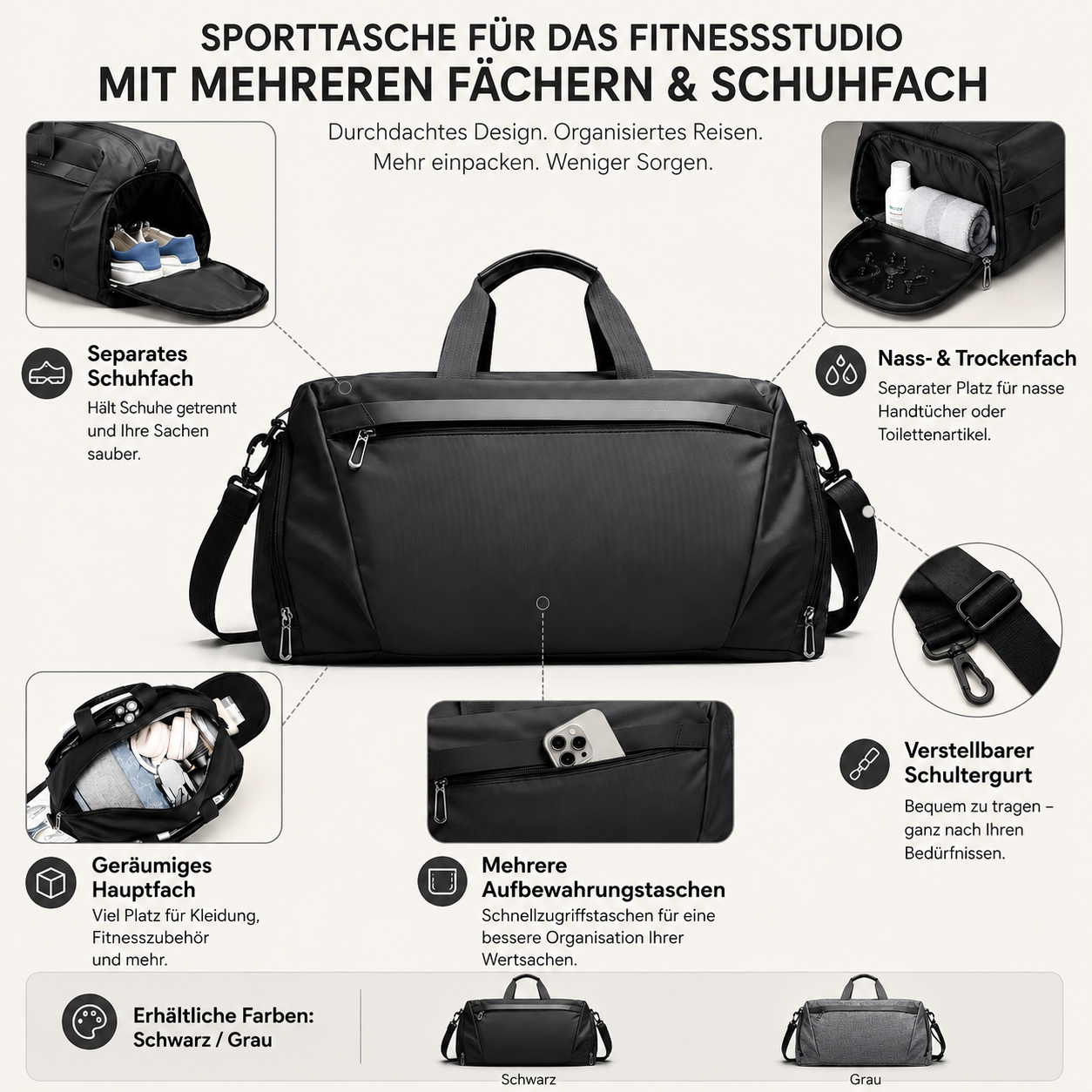 Sporttasche Für Das Fitnessstudio Mehreren Fächern Schuhfach