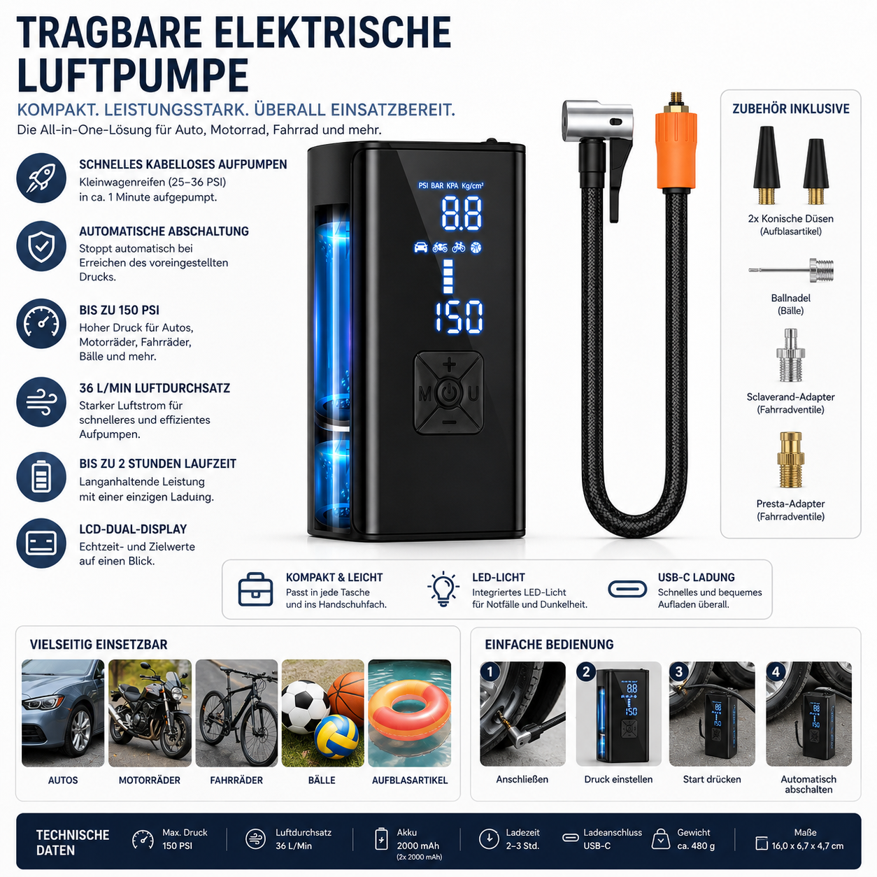 Tragbare Luftpumpe Elektrische Luftpumpe Für Auto Kompakt