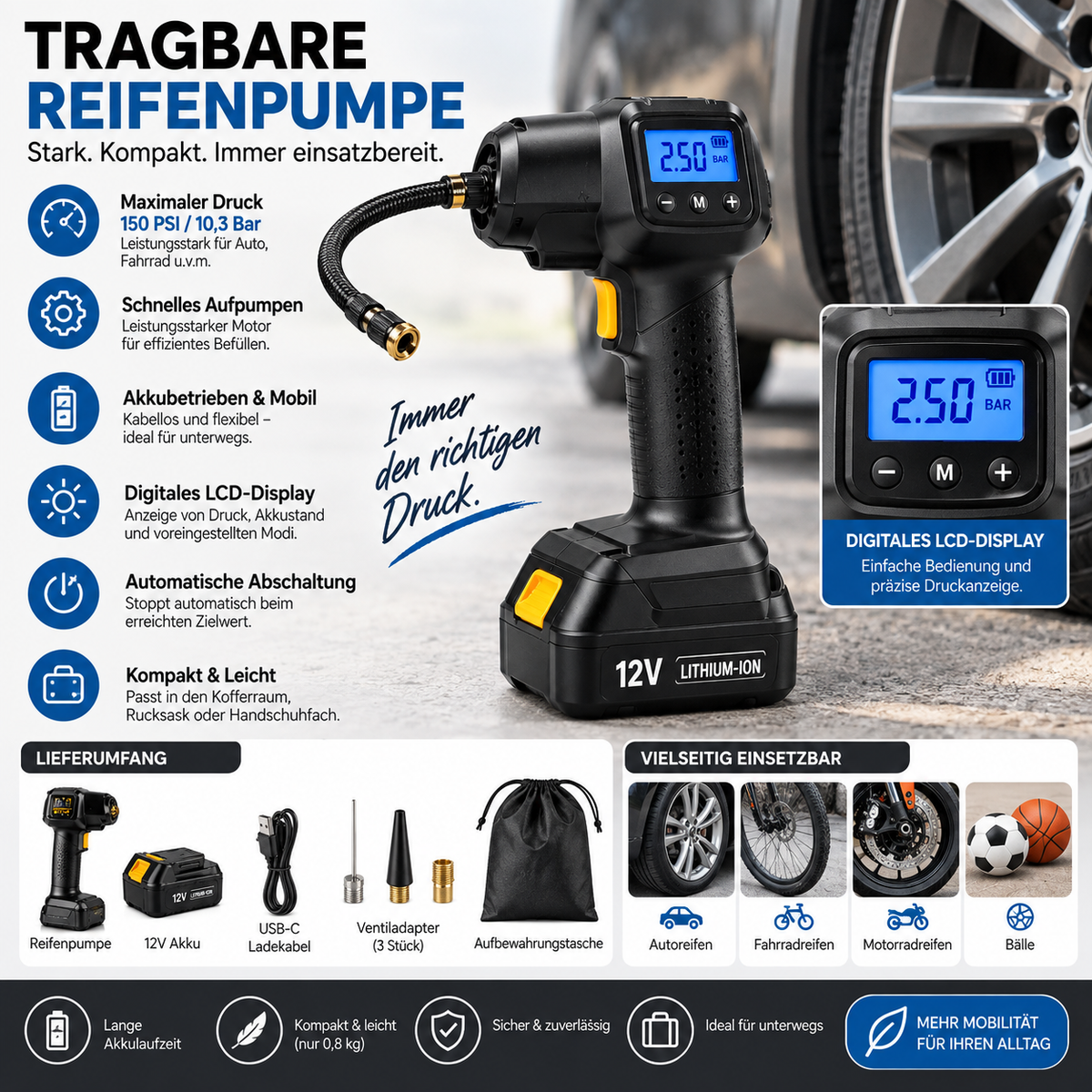 Tragbare Reifenpumpe Für Autos Akkubetriebener Luftkompressor