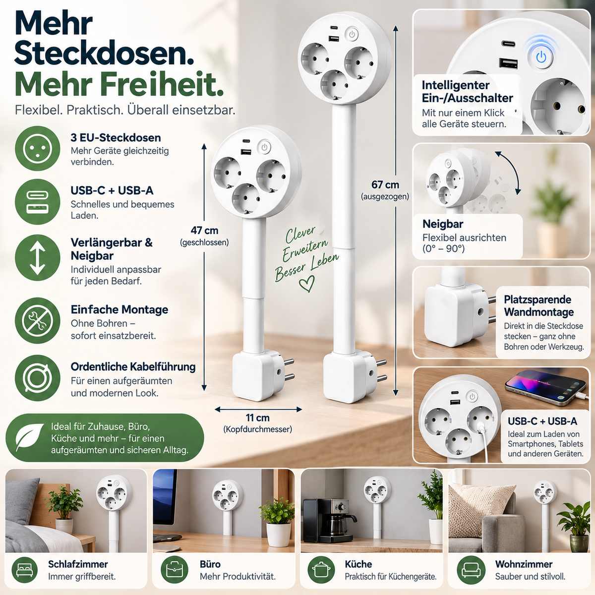 Verlängerbare Steckdose Intelligente Wandmontage