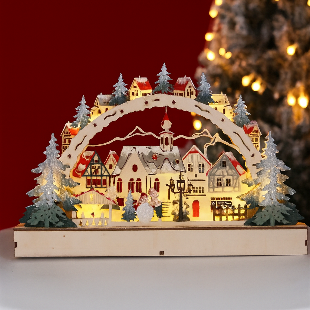 Christmas Decoration Wood Decor LED Village Scene Table Lamp