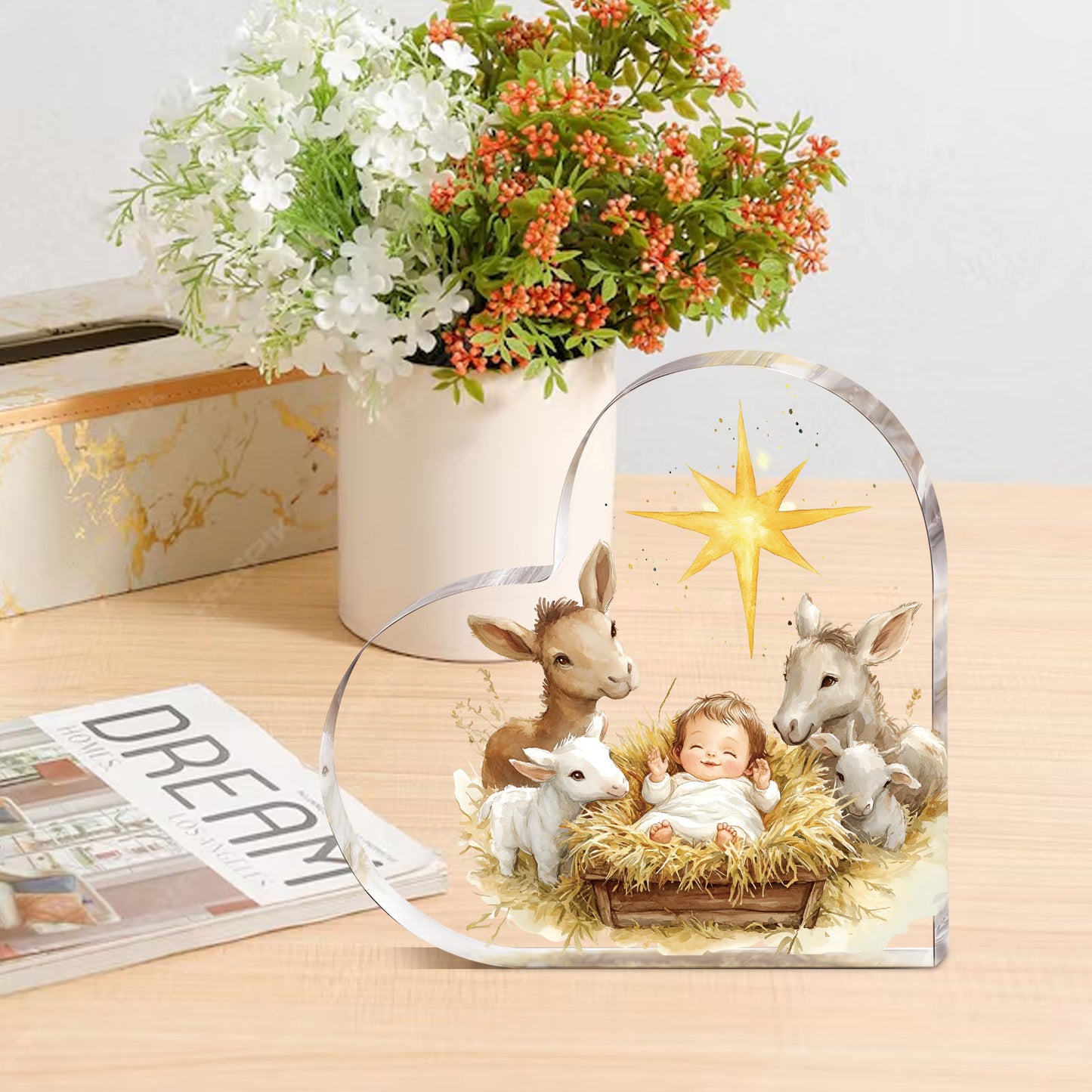 Christmas Nativity Acrylic Heart Figure Classic Decorative Stand