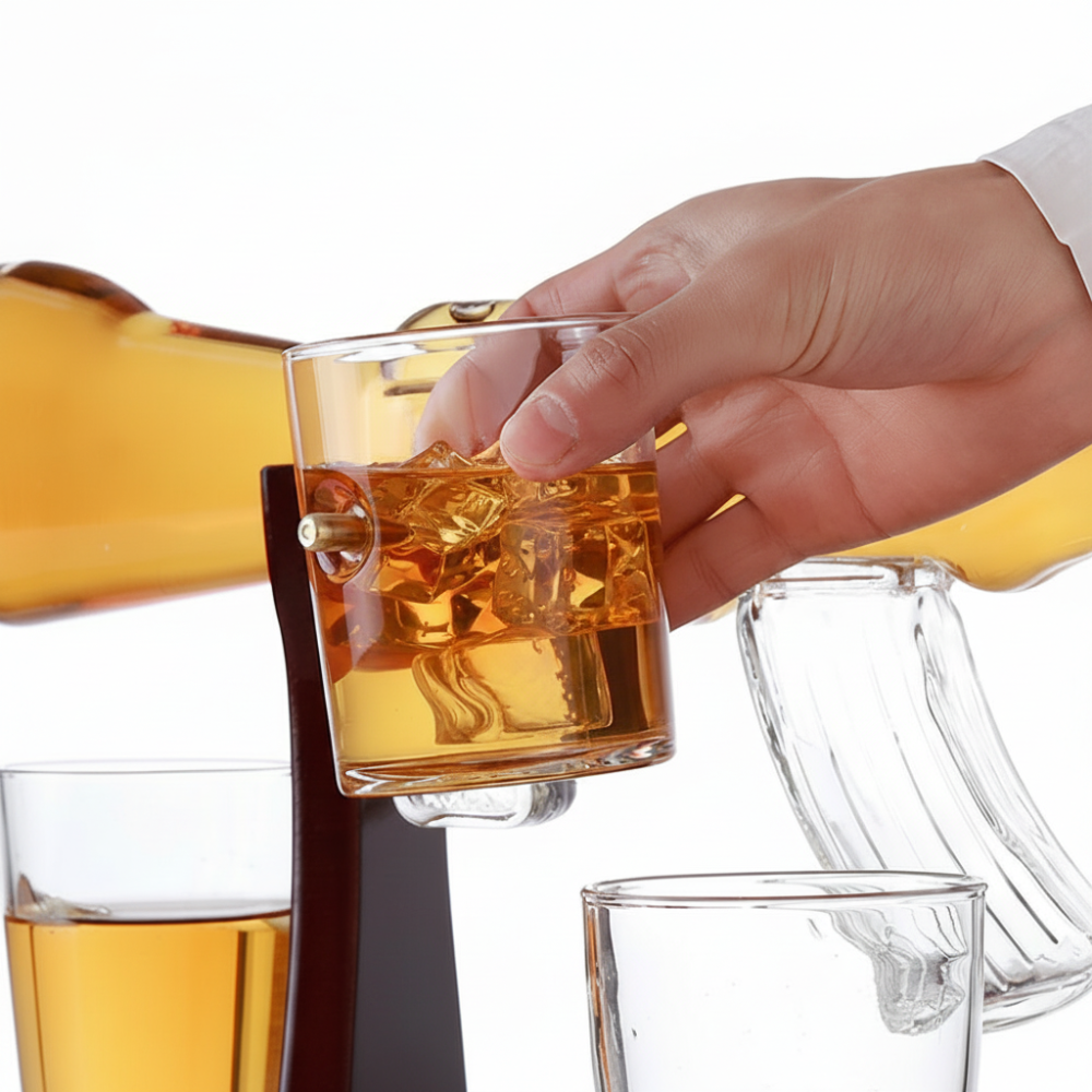 Licorera de whisky con diseño de rifle Set con soporte de cristal