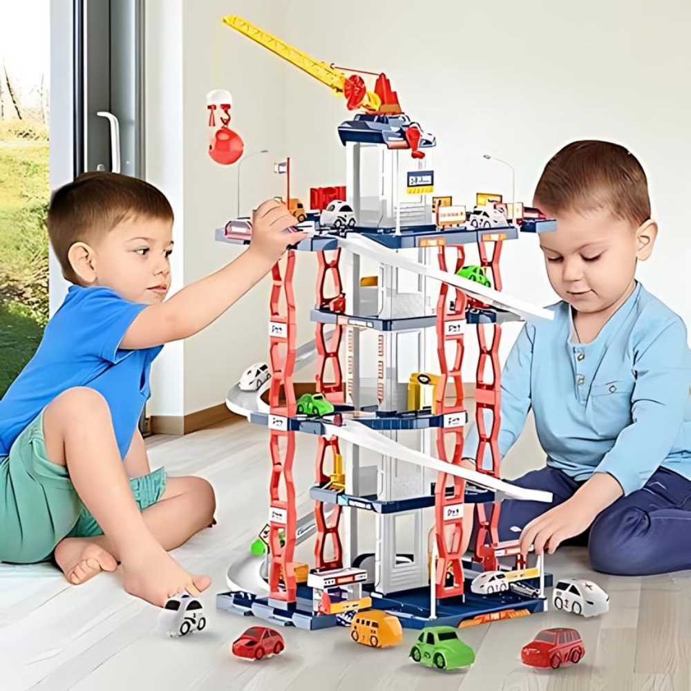 Parking garage playset wooden car slide motor skills promotion children