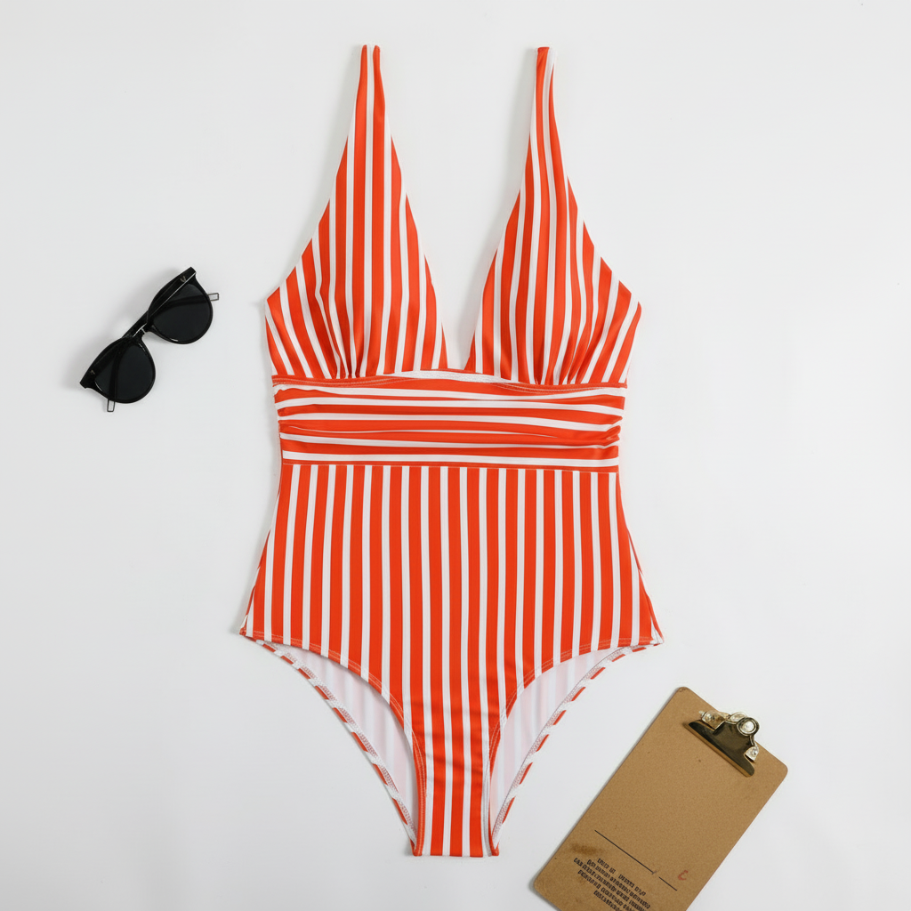 Womens One Piece Swimsuit Striped V Neck Swimming