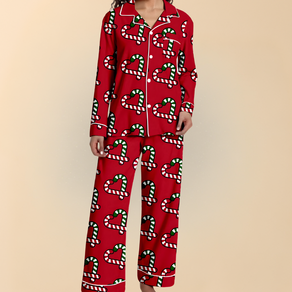 Damen Winter Pyjama Set Weihnachten Langarm Schlafanzug