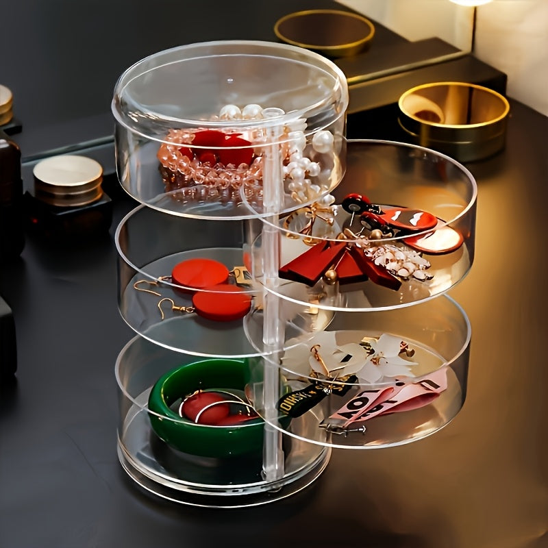 1pc Five-Layer Rotating Jewelry Organizer - Acrylic Material with Transparent Dustproof Dividers, Space-Saving Desktop Storage for Earrings, Necklaces, Bracelets, Hair Clips, Cosmetics - Durable Plastic Jewelry Box for Home, Salon, and Travel - Light
