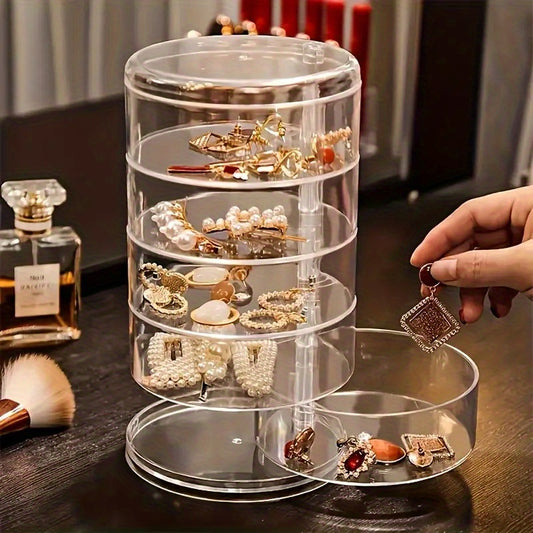 1pc Five-Layer Rotating Jewelry Organizer - Acrylic Material with Transparent Dustproof Dividers, Space-Saving Desktop Storage for Earrings, Necklaces, Bracelets, Hair Clips, Cosmetics - Durable Plastic Jewelry Box for Home, Salon, and Travel - Light