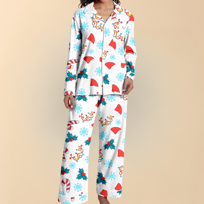Damen Winter Pyjama Set Weihnachten Langarm Schlafanzug