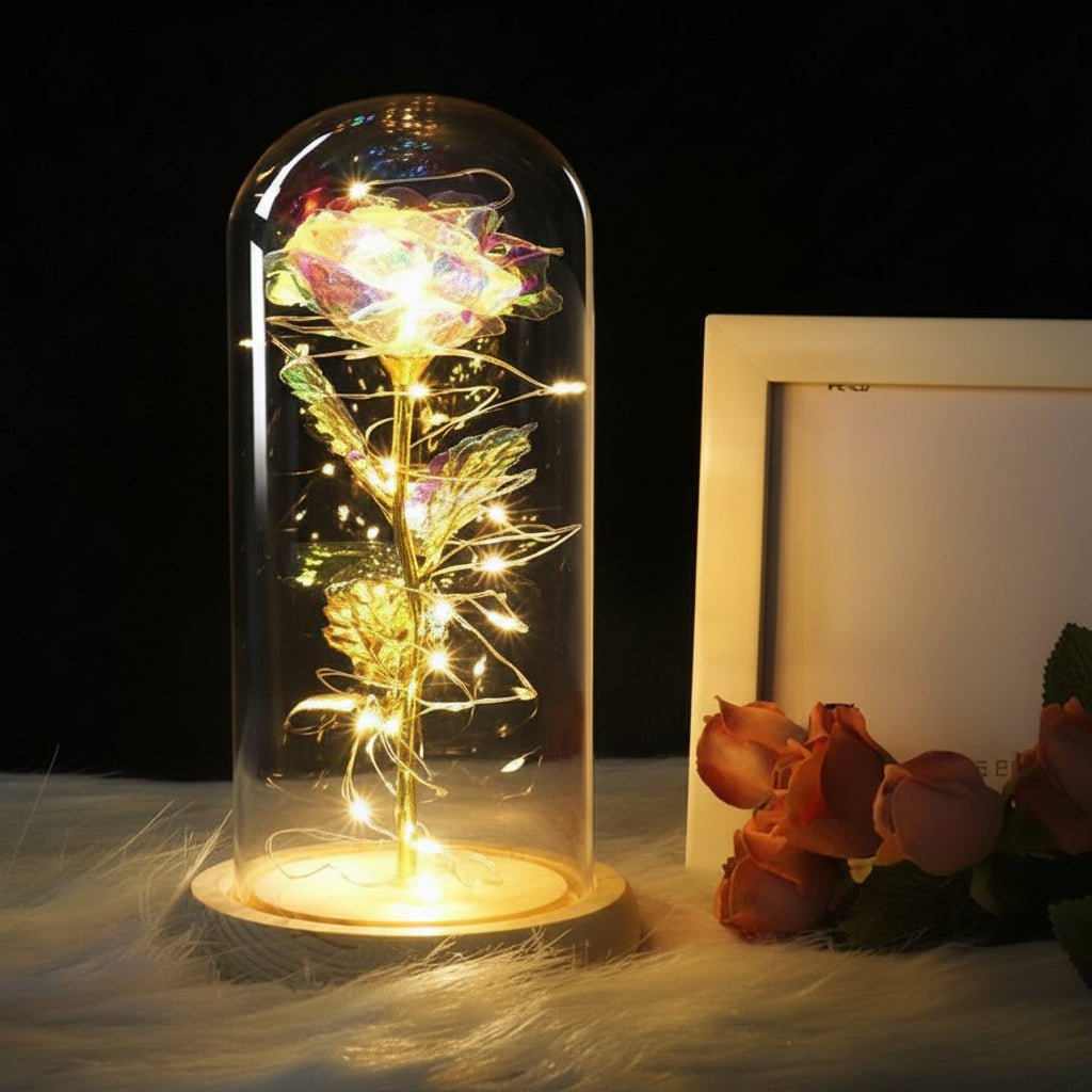 Cloche en Verre LED Rose Éternelle Décoration Socle en Bois
