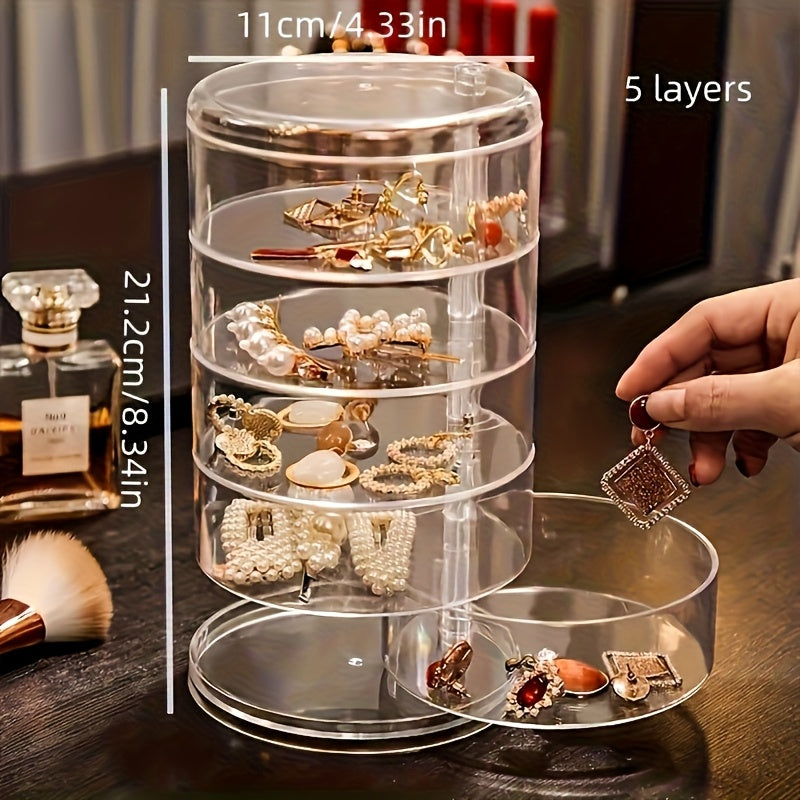 1pc Five-Layer Rotating Jewelry Organizer - Acrylic Material with Transparent Dustproof Dividers, Space-Saving Desktop Storage for Earrings, Necklaces, Bracelets, Hair Clips, Cosmetics - Durable Plastic Jewelry Box for Home, Salon, and Travel - Light