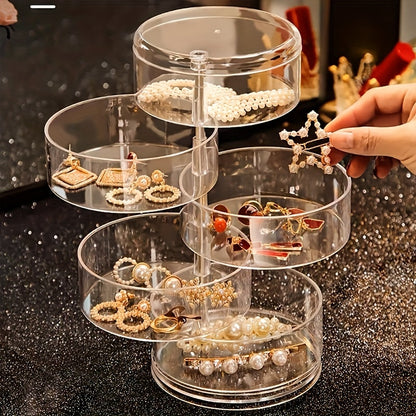 1pc Five-Layer Rotating Jewelry Organizer - Acrylic Material with Transparent Dustproof Dividers, Space-Saving Desktop Storage for Earrings, Necklaces, Bracelets, Hair Clips, Cosmetics - Durable Plastic Jewelry Box for Home, Salon, and Travel - Light