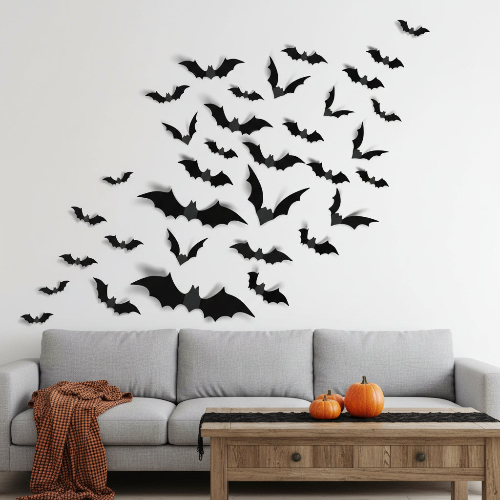 Décoration Halloween Autocollants Muraux Chauve-souris 3D en PVC Set
