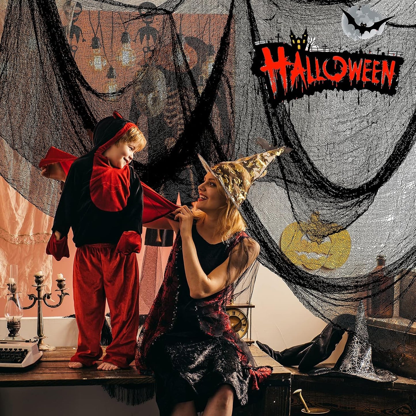 Decorazione di Halloween Tenda in Tessuto Elasticizzato con Ragnatela Spaventosa