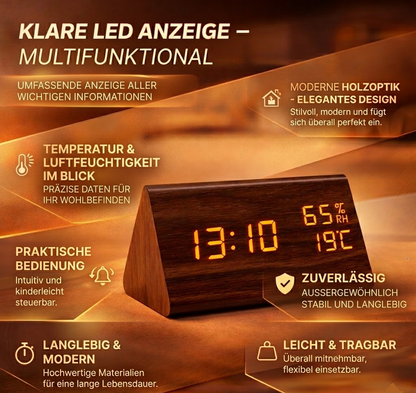 Sveglia digitale LED in legno moderno con temperatura