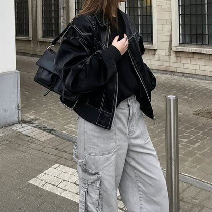 Oversized Leren Jas - Stoer en Casual - Zwart - Ideaal voor Lente, Herfst en Winter - Image 5