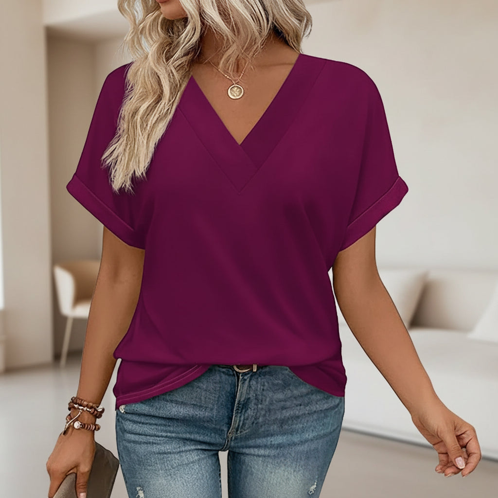 Womens V Neck Blouse Batwing Sleeves Loose Top