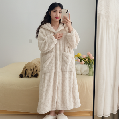 Bademantel Winter Morgenmantel Fleece Lang Kapuze Taschen