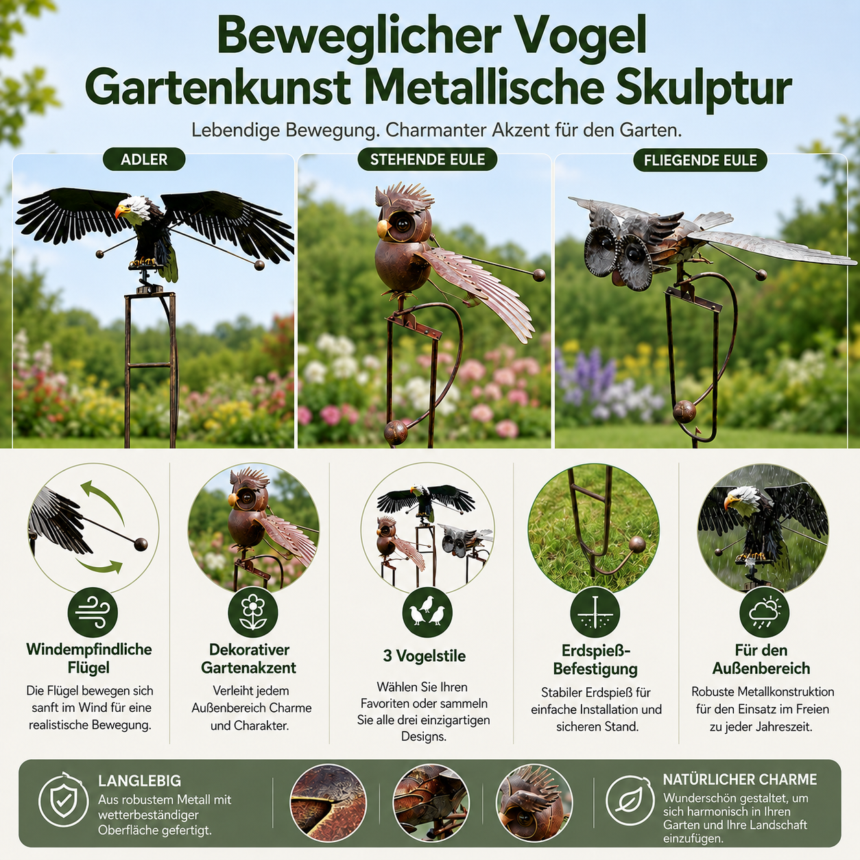 Beweglicher Vogel Gartenkunst Metallische Skulptur