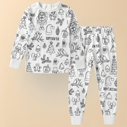 Kinder Baumwolle Schlafanzug Set Malen Weihnachts Motiv Pyjama