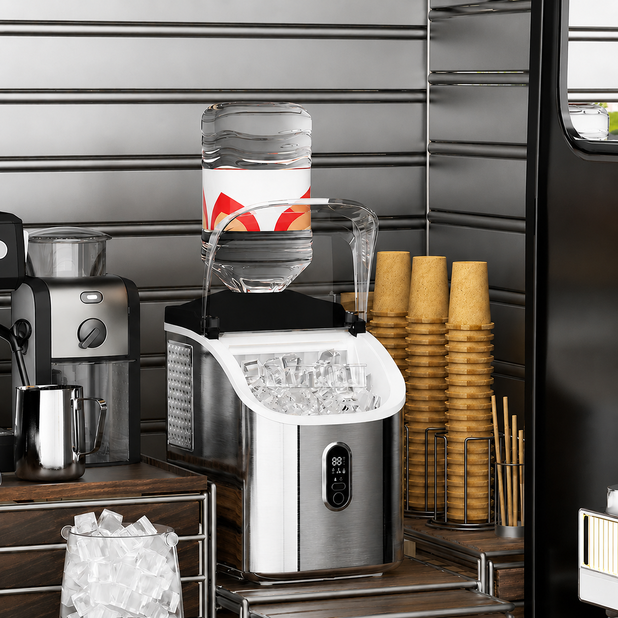 Ice cube machine self-cleaning stainless steel kitchen home