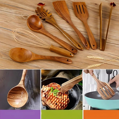 Set Utensili da Cucina Legno Legno di Teak Resistente al Calore Protettivo per Padelle