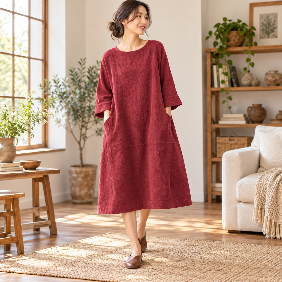 Damen Bequemes A-Linien Kleid über Dem Knie