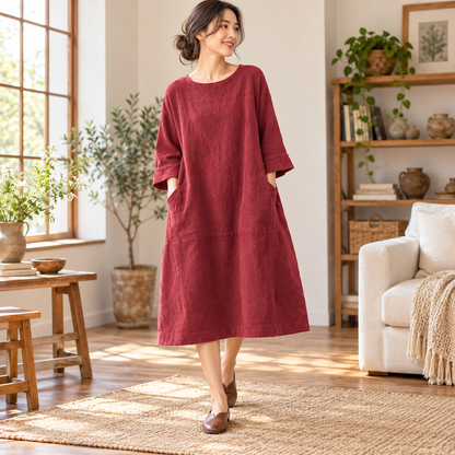 Damen Bequemes A-Linien Kleid über Dem Knie