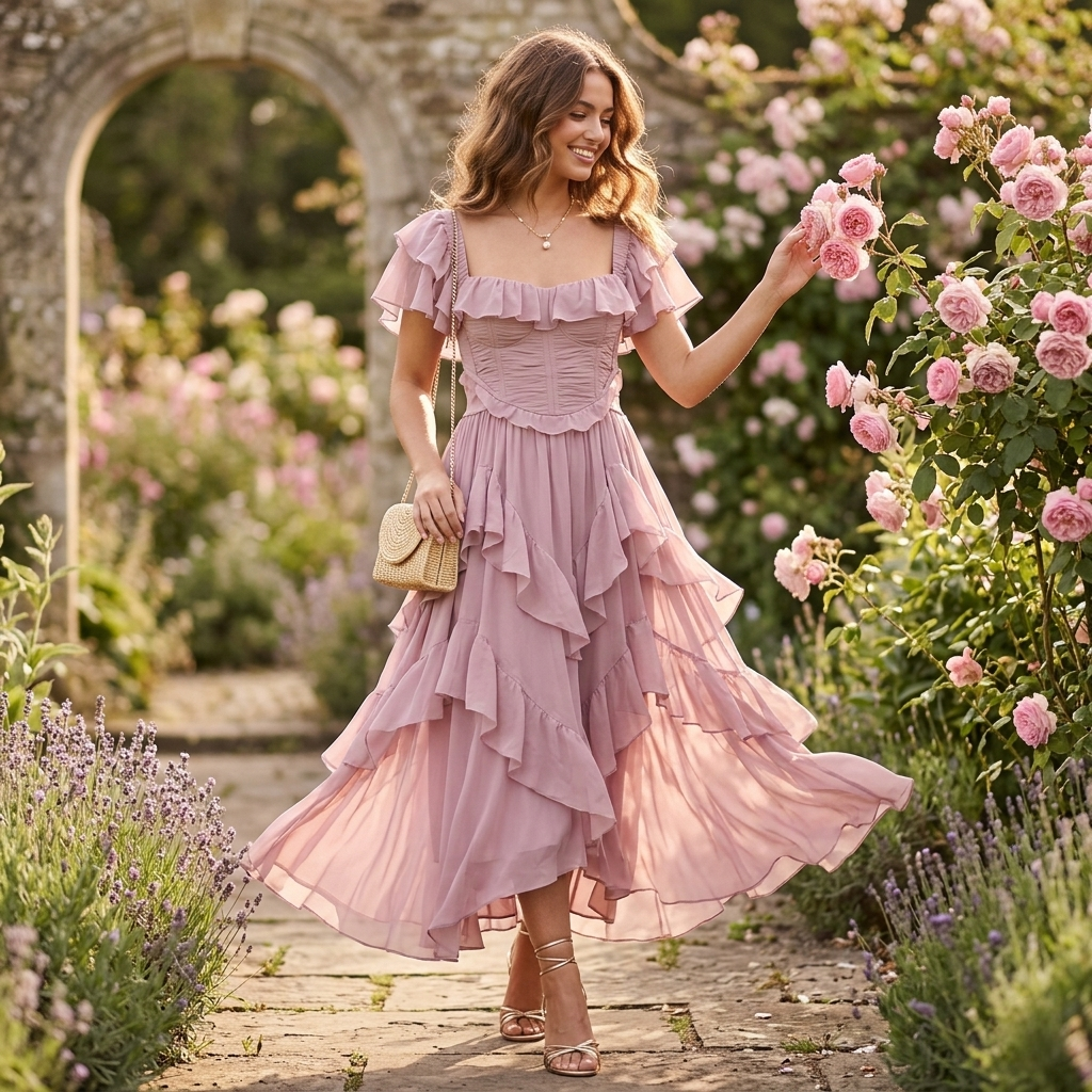 Damen Kleid Rüschen Zweiteiler Festlich Party Outfit