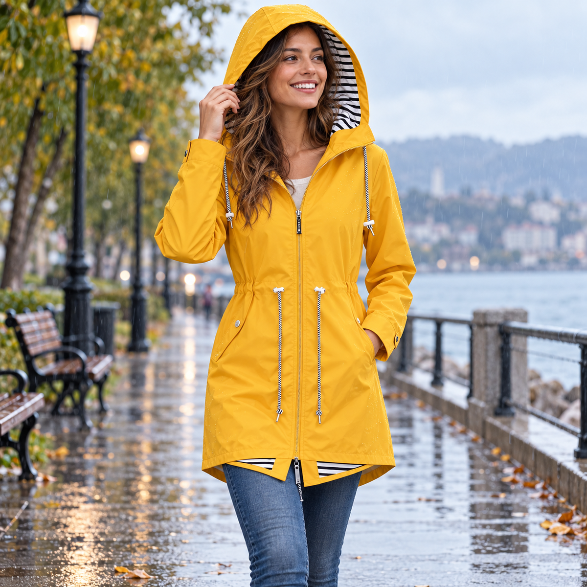 Damen Lange Modische Regenjacke Mit Kapuze | Regenjacke