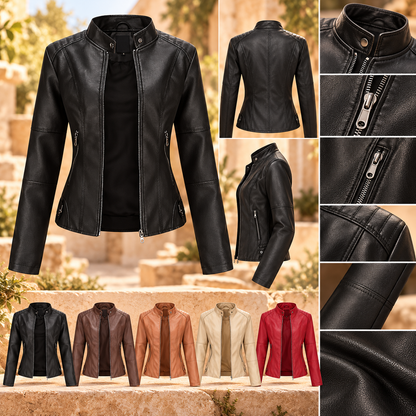 Damen Modische Lederjacke Mit Langen ärmeln