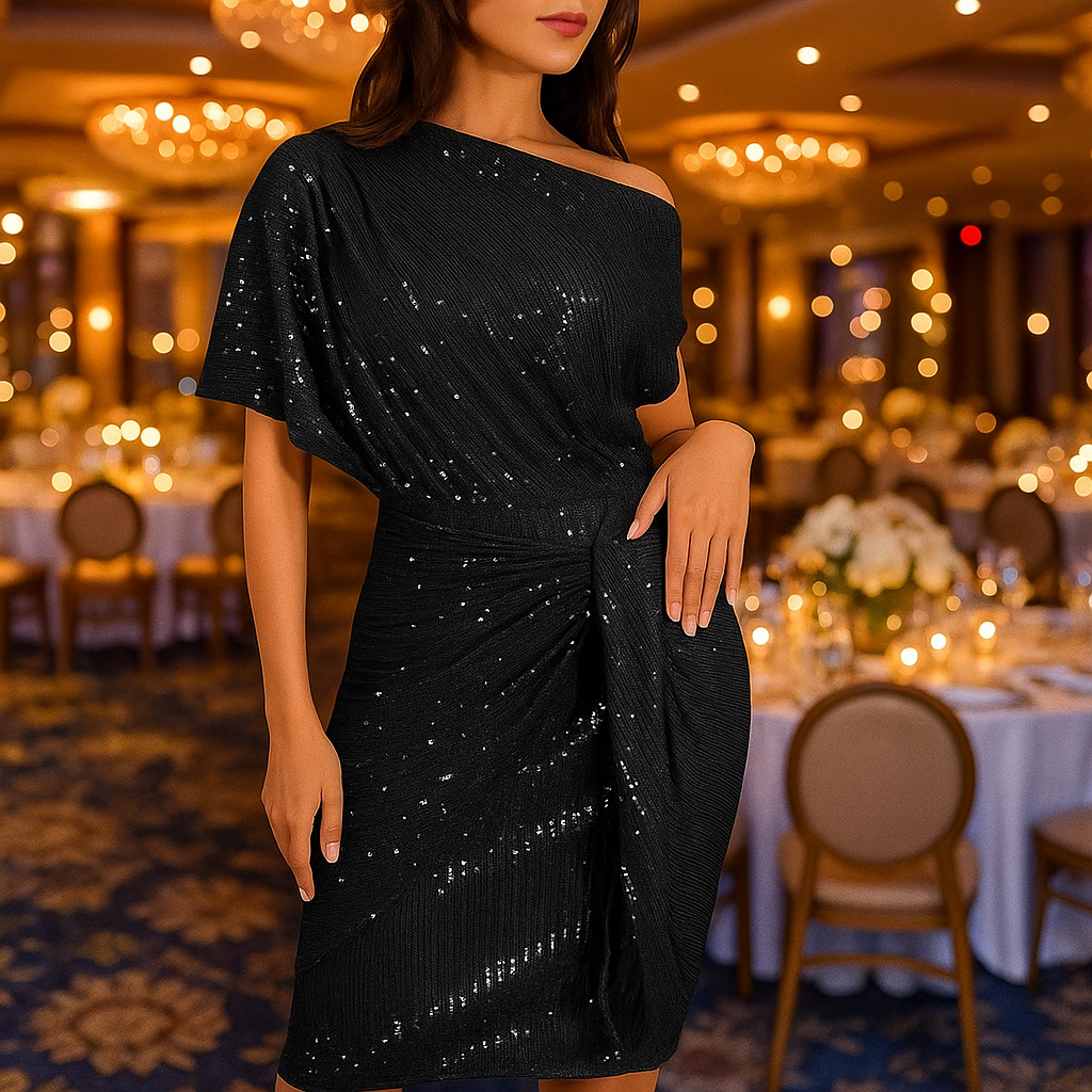 Damen Elegantes Pailletten Abendkleid Asymmetrisch Kurz