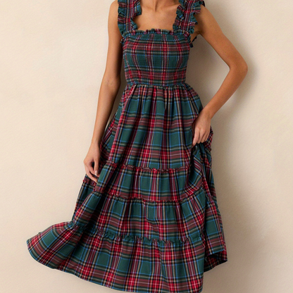 Damen Festliches Karokleid Elegantes Luftiges Midi