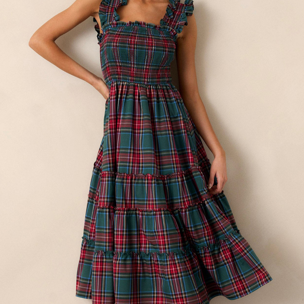 Damen Festliches Karokleid Elegantes Luftiges Midi