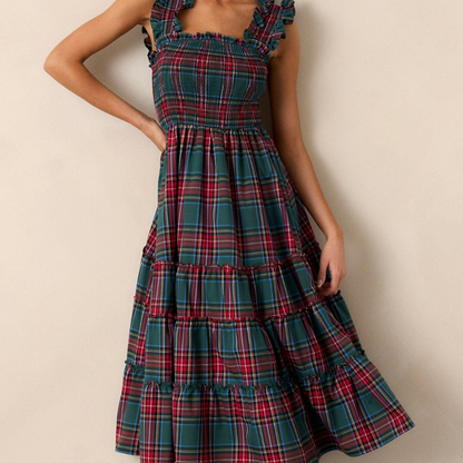 Damen Festliches Karokleid Elegantes Luftiges Midi